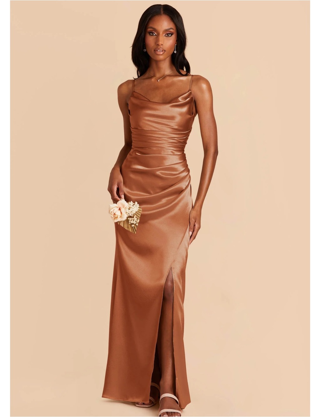 Birdy Grey Shiny Satin Rust Lydia Dress Mermaid Bottom Cowl Neck small